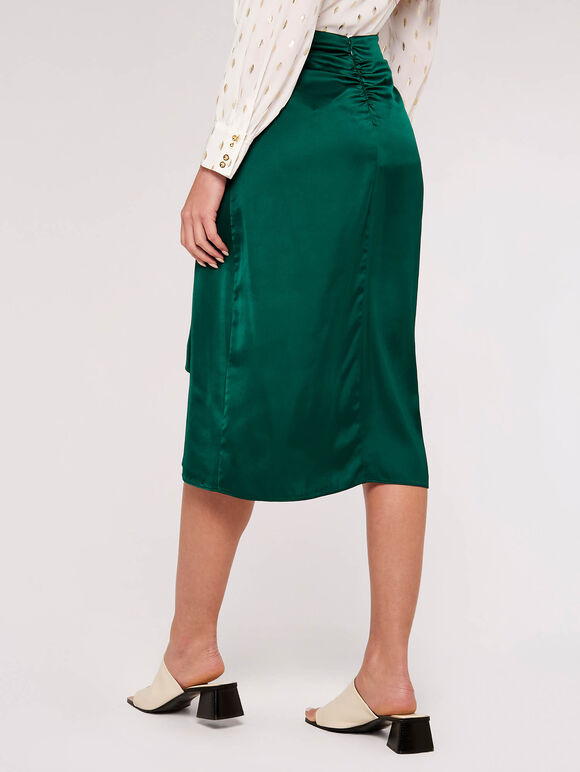 Satin Tie Front Wrap Skirt, Green, large