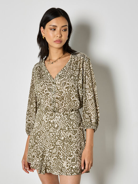 Ikat Shimmer Ruffle Mini Skirt, Khaki, large