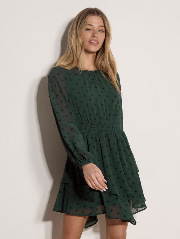 Crepe Velvet Star Tiered Mini Dress, Green, large