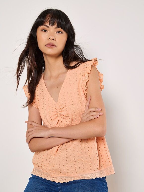 Cotton Broderie Ruffle Shoulder Top, Peach, large