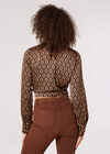 Geomteric Tie Front Satin Shirt, Brown, large