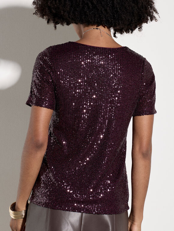 Sequin Embellished T-Shirt, Burgundy, large