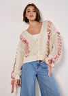 Chunky Knit Cropped Bow Cardigan, Stone, large