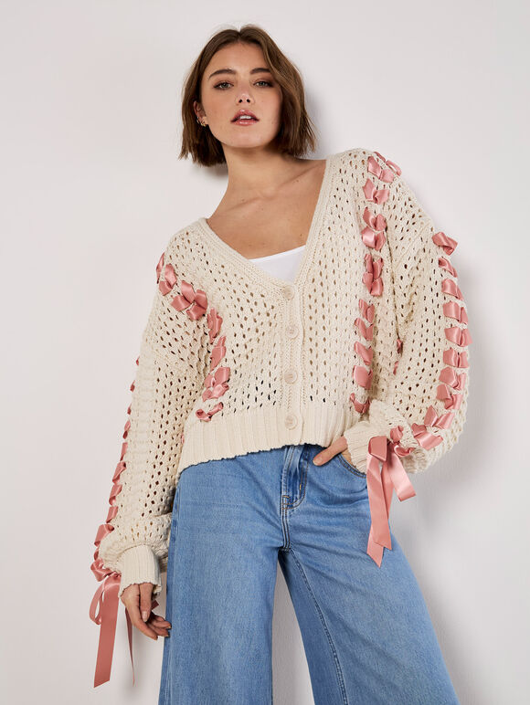Chunky Knit Cropped Bow Cardigan, Stone, large