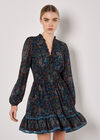 Paisley Ruffle Mini Dress, Navy, large