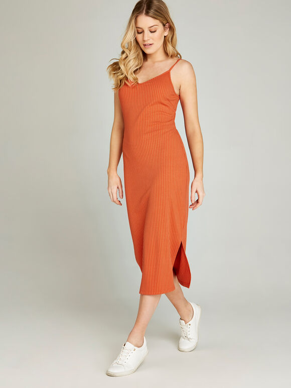 Ribbed Side Split Midi Dress, Orange, large