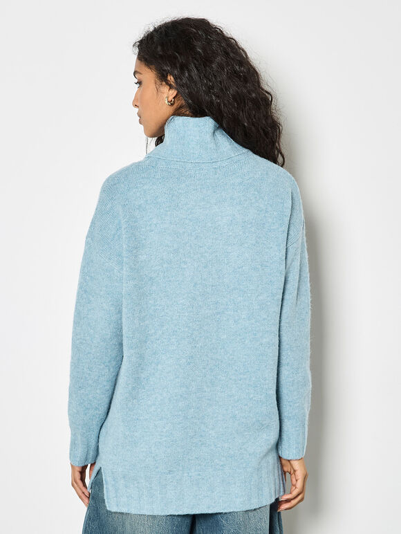 Oversized Roll Neck Tunic Jumper, Blue, large