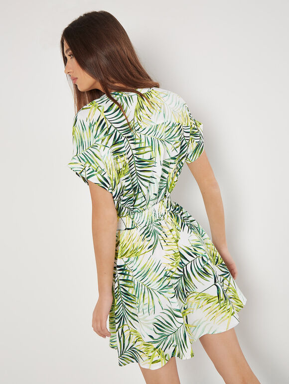Tropical Leaf Print Smocked Mini Dress, Cream, large