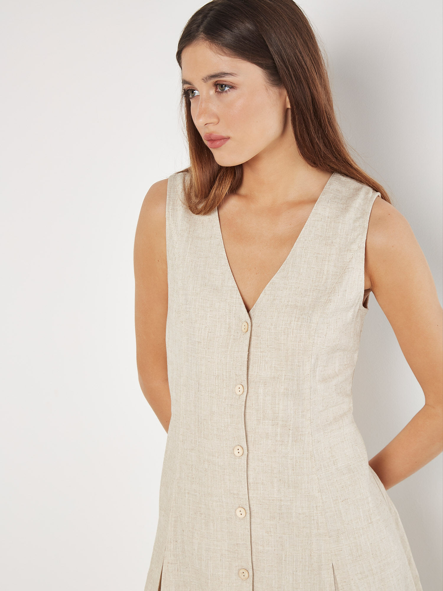 Linen Blend Longline Waistcoat Apricot Clothing