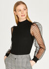 Polkadot Puff Sleeve Ribbed Top, Black, large