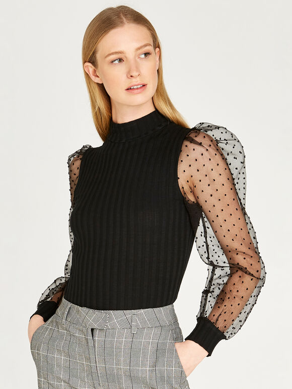 Polkadot Puff Sleeve Ribbed Top, Black, large