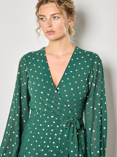 Gold Foil Polka Dot Chiffon Maxi Dress