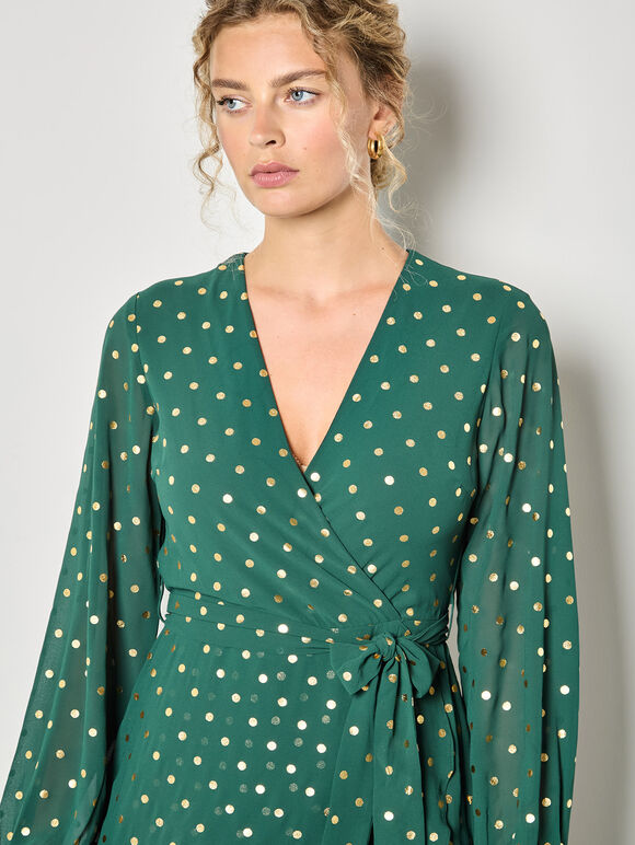 Gold Foil Polka Dot Chiffon Maxi Dress, Green, large