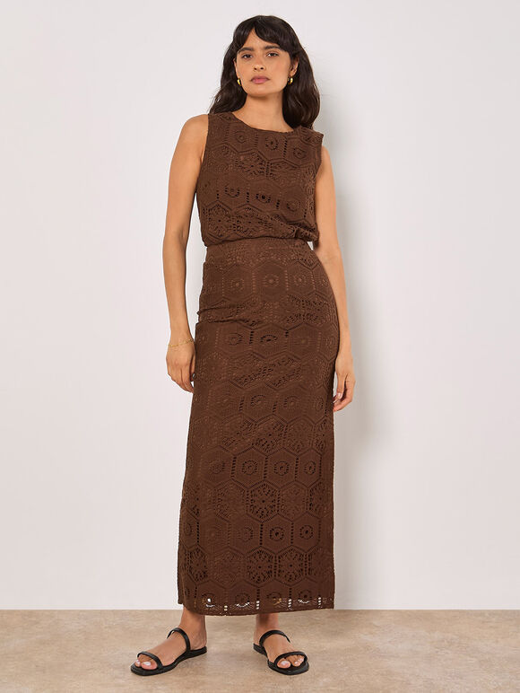 Crochet Lace Side Split Maxi Skirt, Brown, large