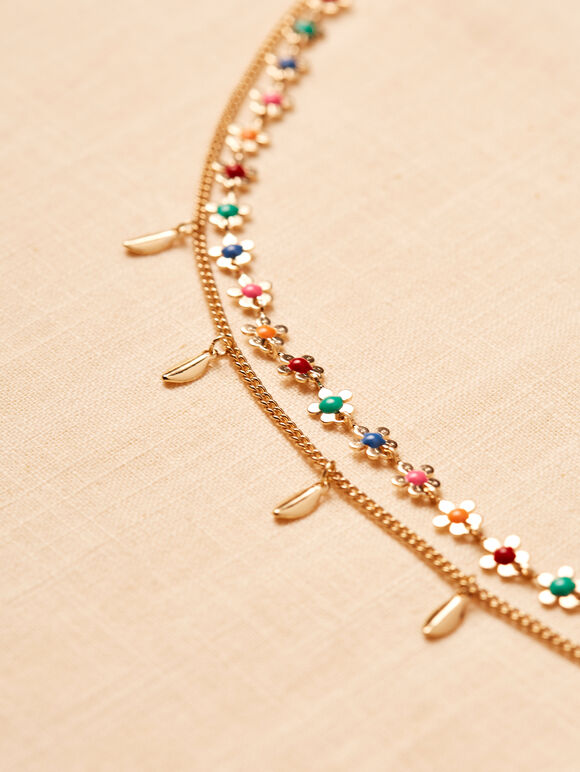  Flower Multirow Necklace, Gold, large