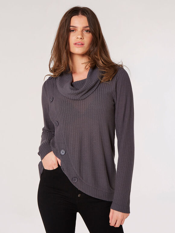 Waffle Knit Button Wrap Top, Grey, large