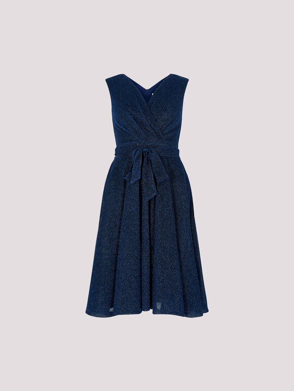Metallic Pleat Skater Mini Dress, Navy, large