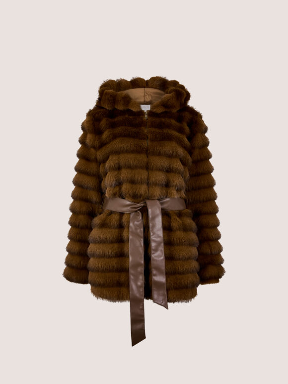 Faux Fur Panel Belted Coat, Brown, large