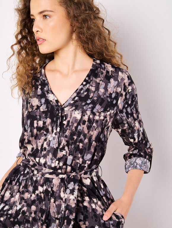 Abstract Brushstroke Shirt Mini Dress, Dark Grey - Charcoal, large