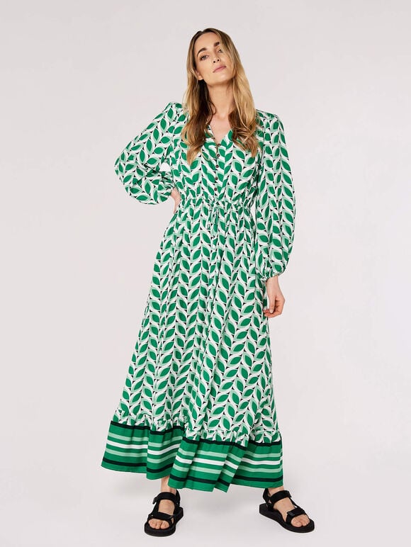 Geo Leaves Drawstring Maxi Dress, Green, large