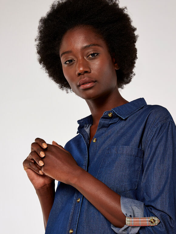 Denim Plaid Mix Shirt, Navy, large