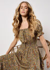 Sarasa Floral Milkmaid Midi Dress, Khaki, large