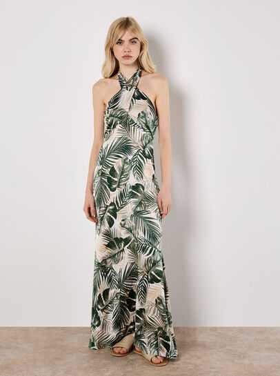 Tropical Leaf Satin Maxi Dress