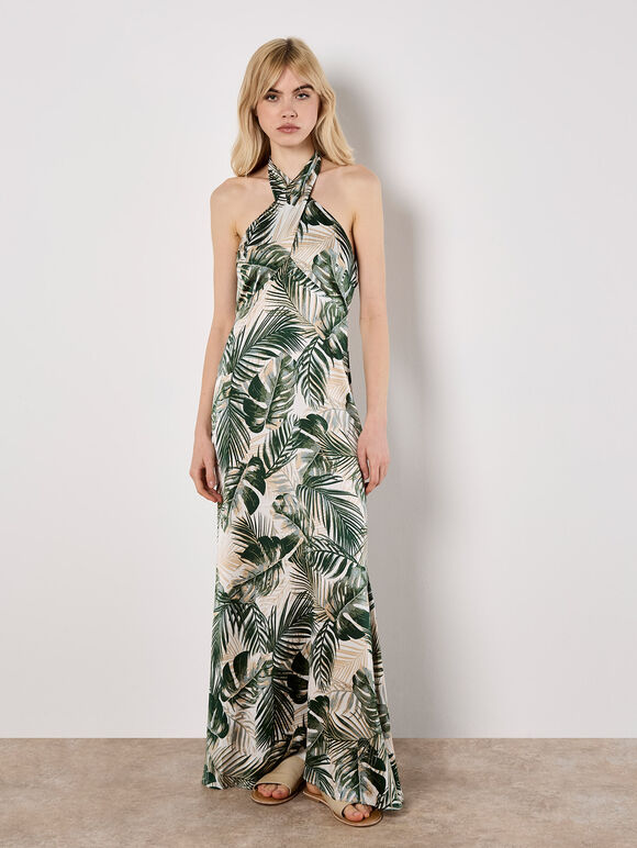 Tropical Leaf Satin Maxi Dress, Cream, large
