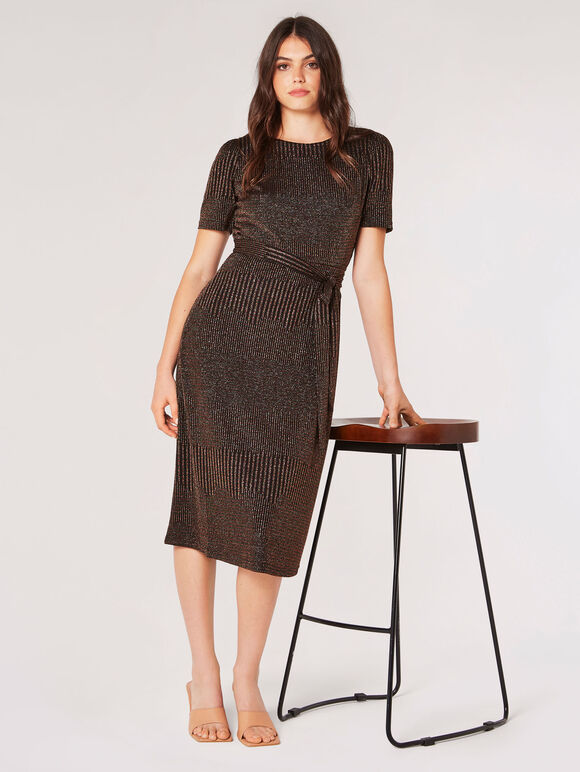 Ribbed Lurex Midi Dress, Black, large