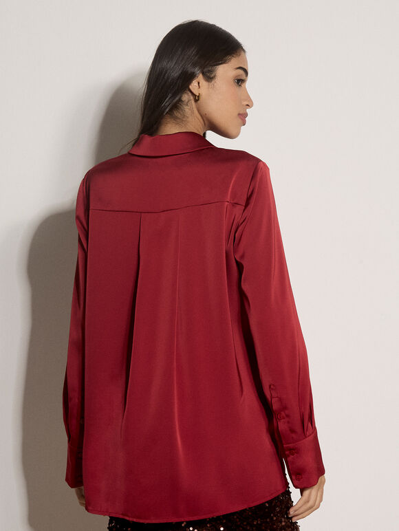 Oversized Satin Shirt, Burgundy, large