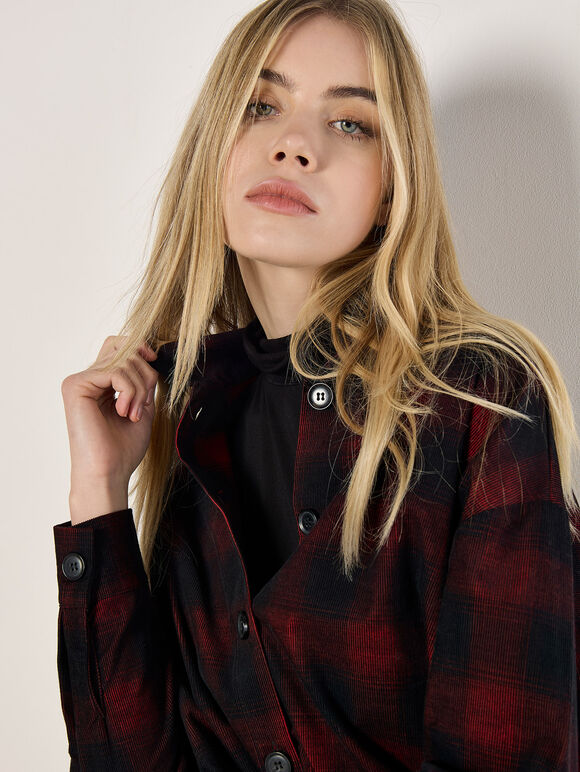 Oversized Check Corduroy Shirt, Red, large