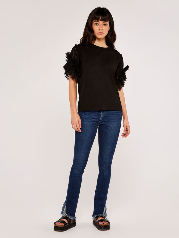 Tulle Sleeve Top, Black, large