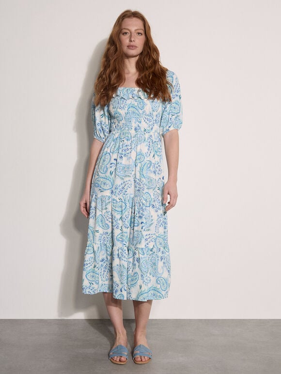 Paisley Print Milkmaid Midi Dress, Cream, large