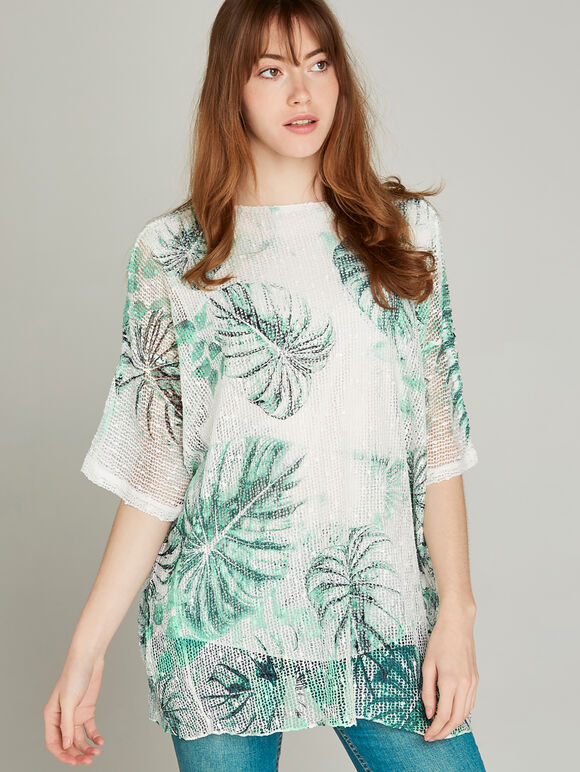 Palm Print Oversized Top, Green, large