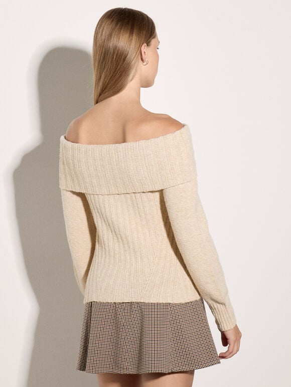 Ribbed Bardot Jumper, Stone, large