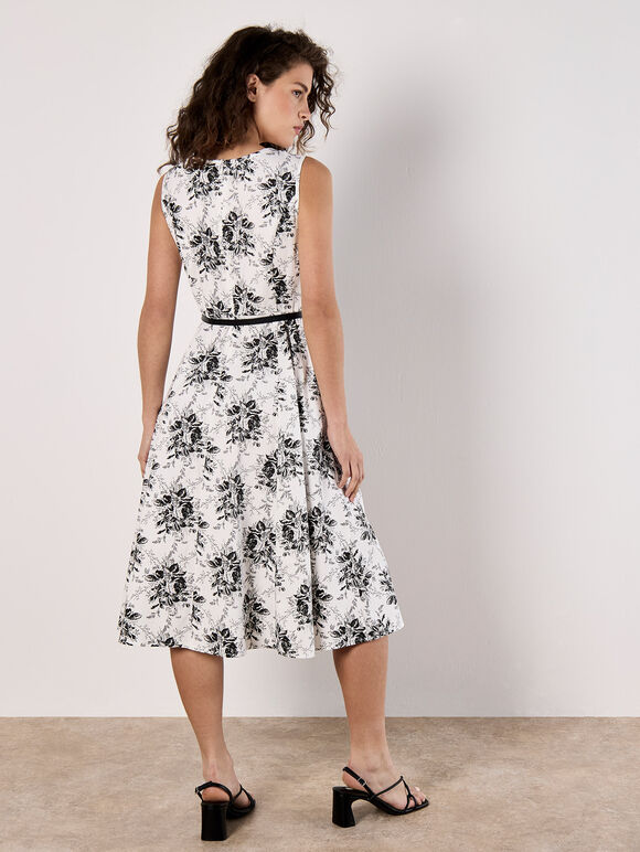 Rose Print Fit and Flare Midi Dress, White, large