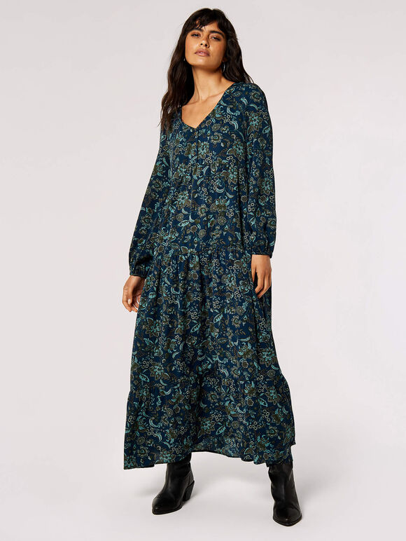 Boho Floral Print Maxi Dress, Navy, large