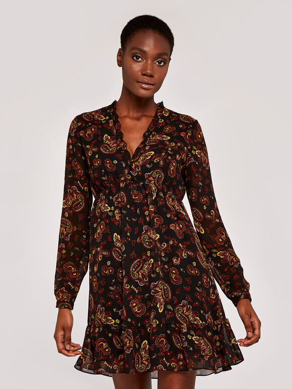 Paisley Long Sleeve Ruffle Dress, Black, large