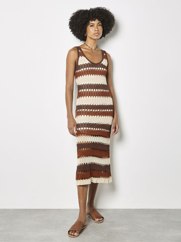 Crochet Stripe Midaxi Dress, Brown, large