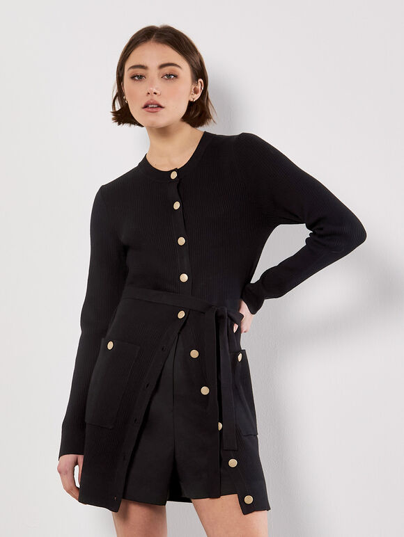 Ribbed Knit Button-Down Mini Dress, Black, large
