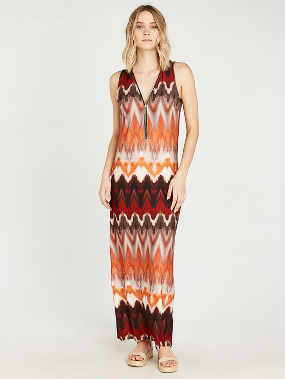 Chevron Zip Maxi Dress, Orange, large