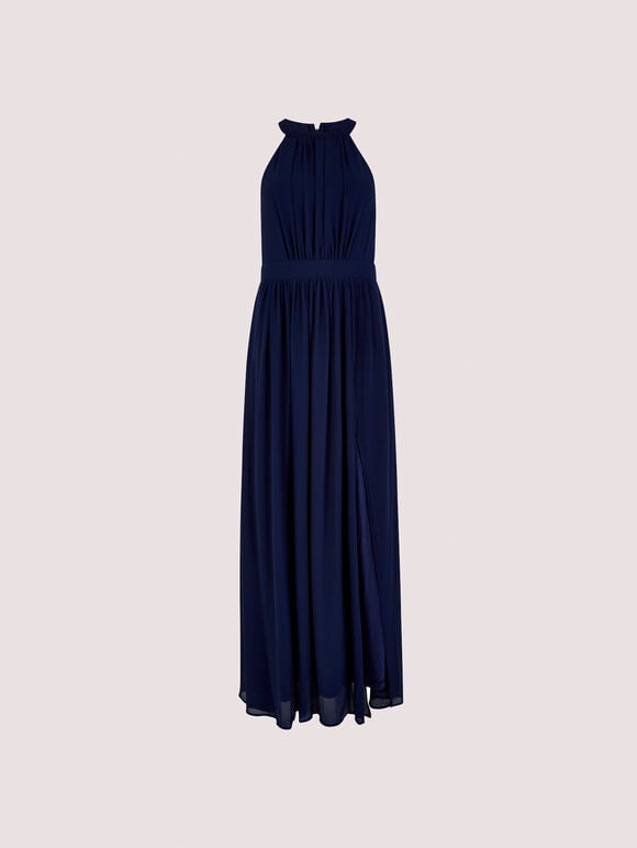 Halter Neck Split Maxi Dress, Navy, large