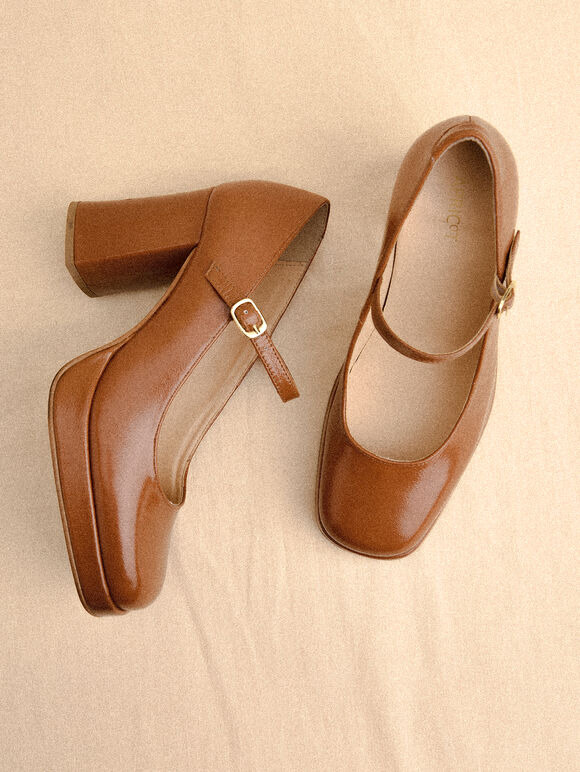 Heeled Mary Jane Shoes, Brown, large