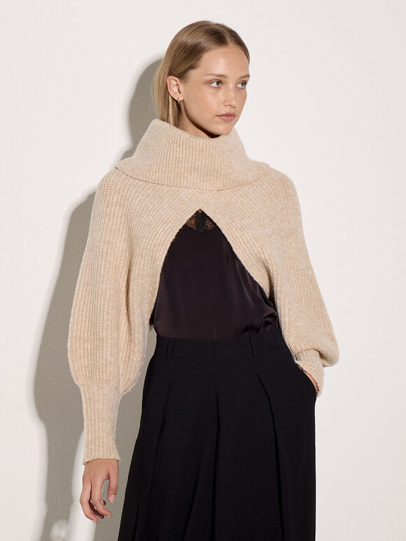Fisherman Knit Cape Bolero, Stone, large