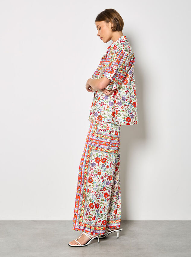 Floral Scarf Print Satin Wide-Leg Trousers, Orange, large