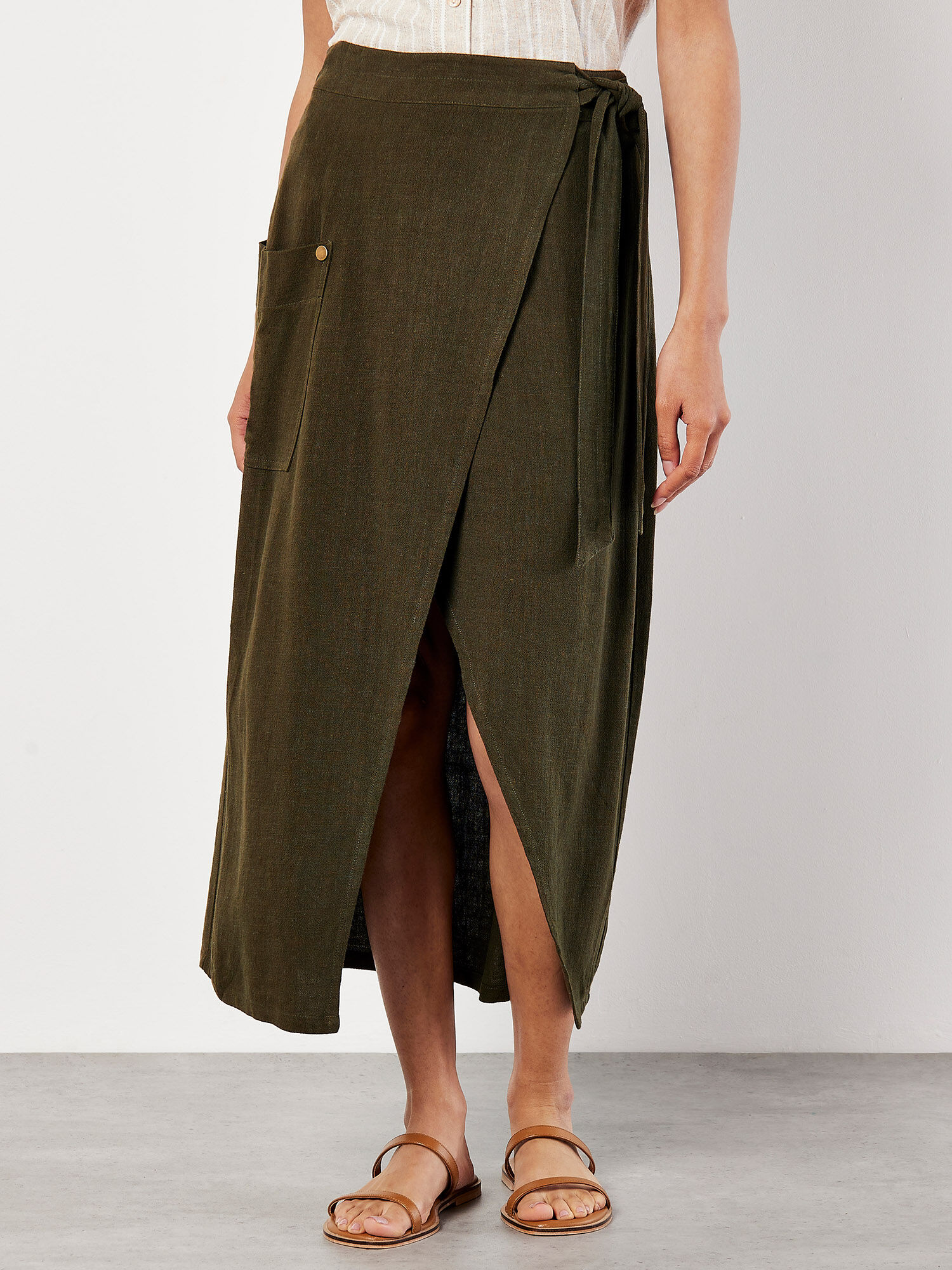 Linen Blend Wrap Midi Skirt
