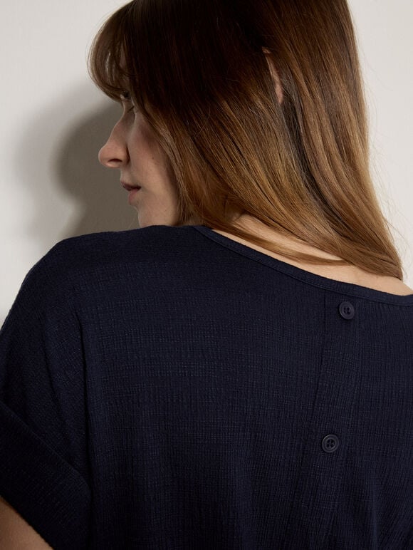 Button Back Textured T-Shirt, Navy, large