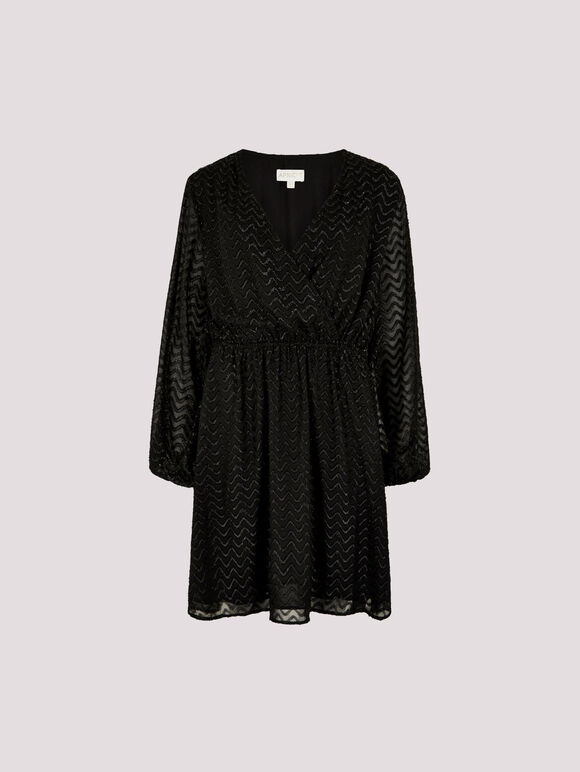 Chevron Shimmer Wrap Mini Dress, Black, large