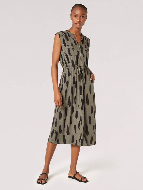 Brushstroke Print Drawstring Midi Dress, Khaki, large