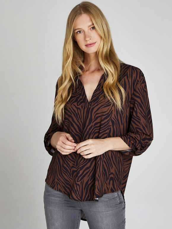 Zebra Print Open Neck Shirt, Rust, large